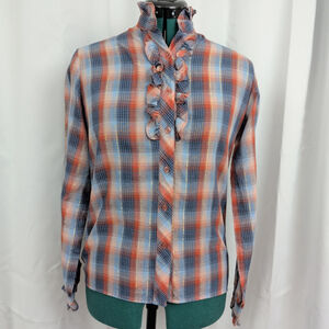 Vintage Ruffled Button Up Plaid Shirt Juniors Large